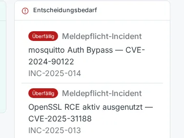 Regontis Management Dashboard mit CRA- und Data-Act-Readiness, kritischen Schwachstellen und offenen Entscheidungen
